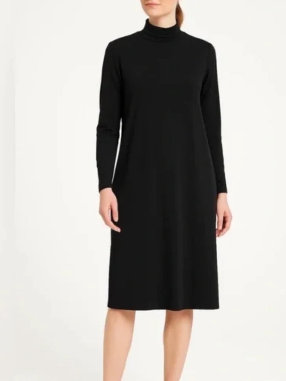 Eileen Fisher Turtleneck Dress Size L Black Tencel Stretch Long Sleeve